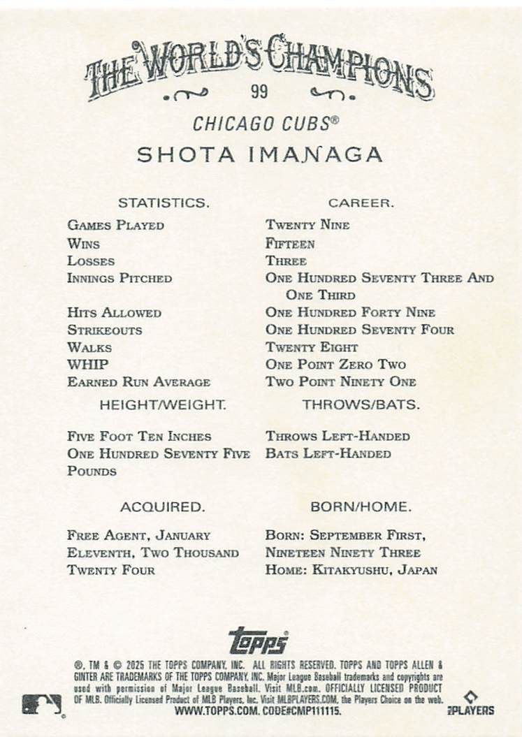 2025 Topps Allen & Ginter Baseball Shota Imanaga #99