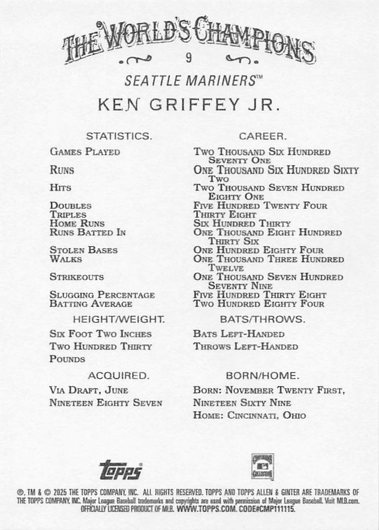 2025 Topps Allen & Ginter Baseball Silver Portrait Ken Griffey Jr. #9