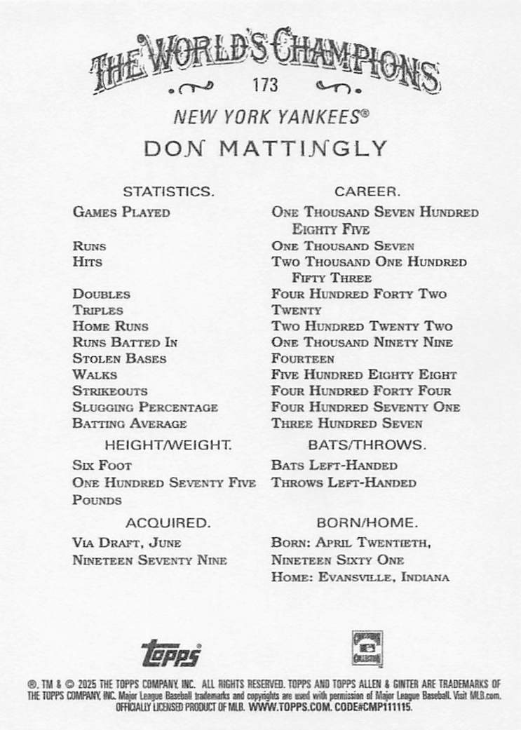 2025 Topps Allen & Ginter Baseball Don Mattingly #173