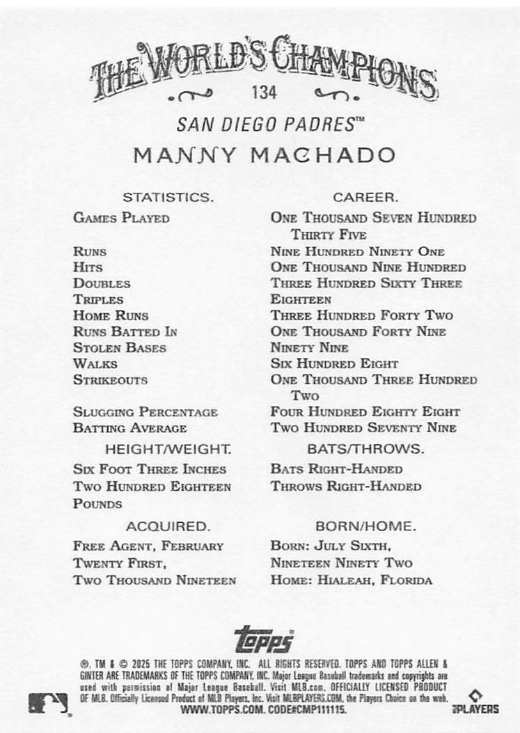 2025 Topps Allen & Ginter Baseball Manny Machado #134