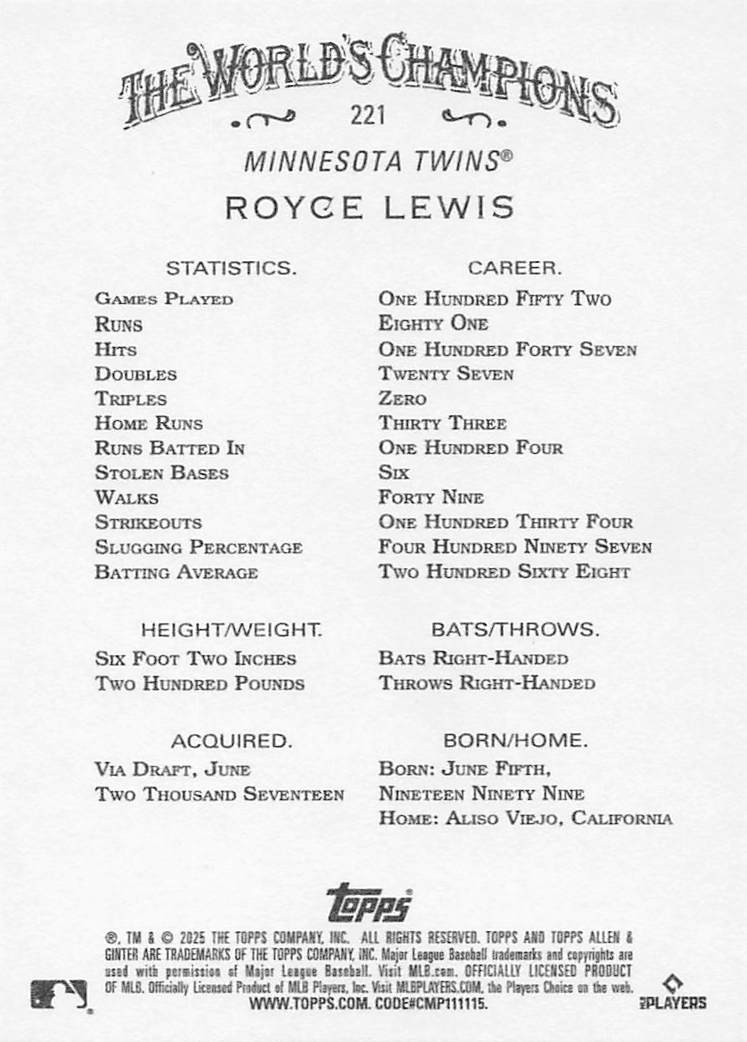 2025 Topps Allen & Ginter Baseball Royce Lewis #221