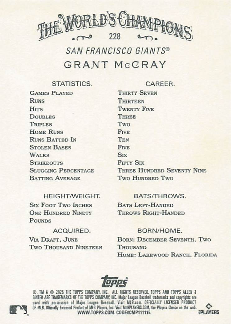 2025 Topps Allen & Ginter Baseball Grant McCray #228 Rookie