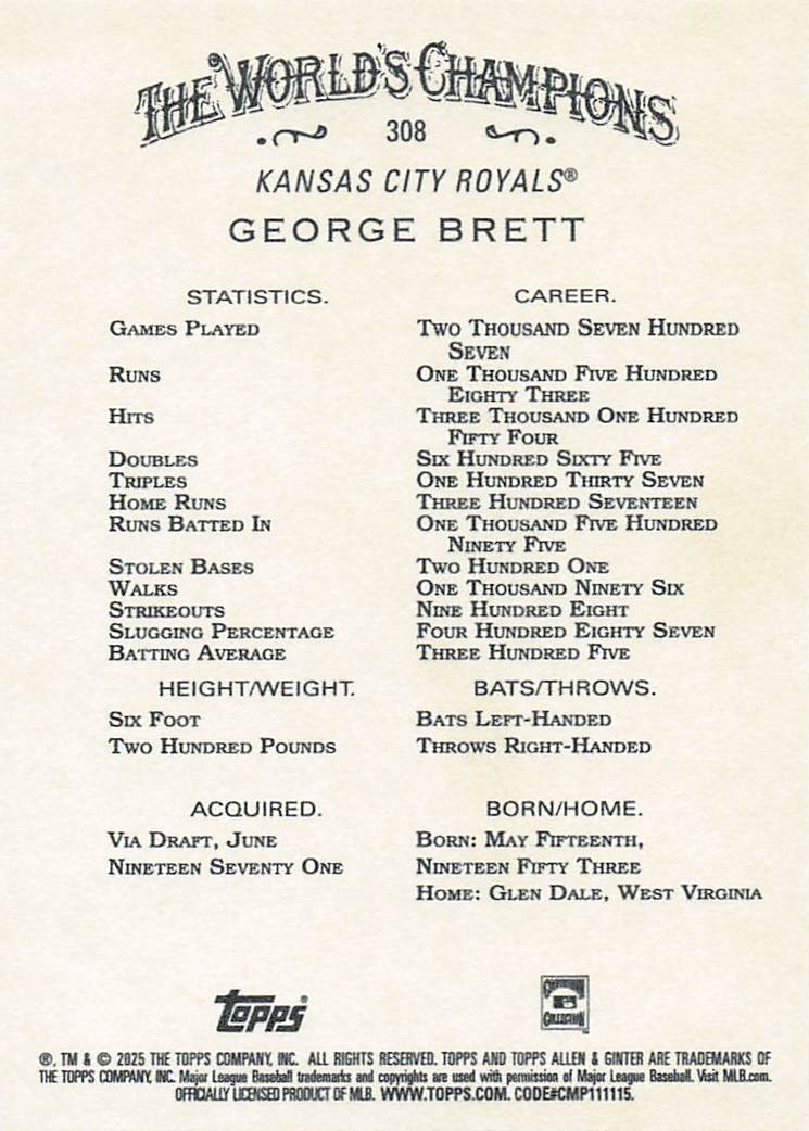 2025 Topps Allen & Ginter Baseball George Brett #308