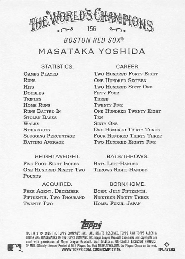 2025 Topps Allen & Ginter Baseball Masataka Yoshida #156