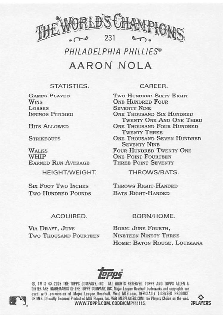 2025 Topps Allen & Ginter Baseball Aaron Nola #231