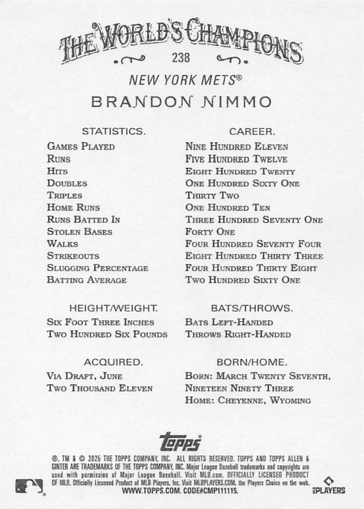 2025 Topps Allen & Ginter Baseball Brandon Nimmo #238