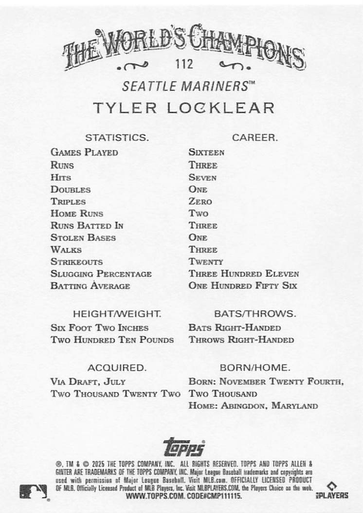 2025 Topps Allen & Ginter Baseball Tyler Locklear #112 Rookie