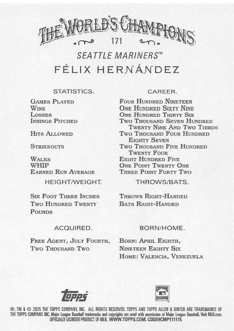 2025 Topps Allen & Ginter Baseball Félix Hernández #171