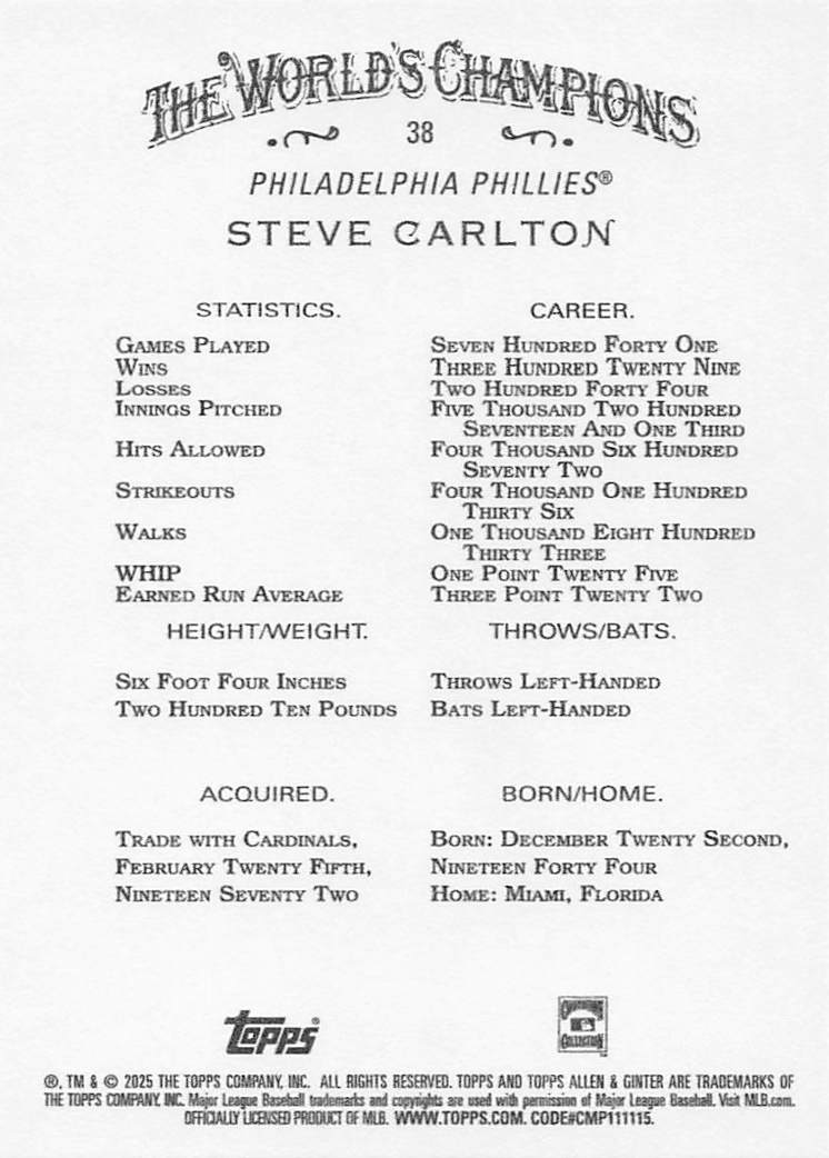 2025 Topps Allen & Ginter Baseball Steve Carlton #38