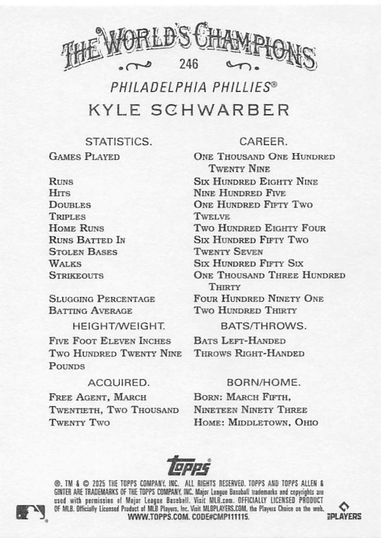 2025 Topps Allen & Ginter Baseball Kyle Schwarber #246