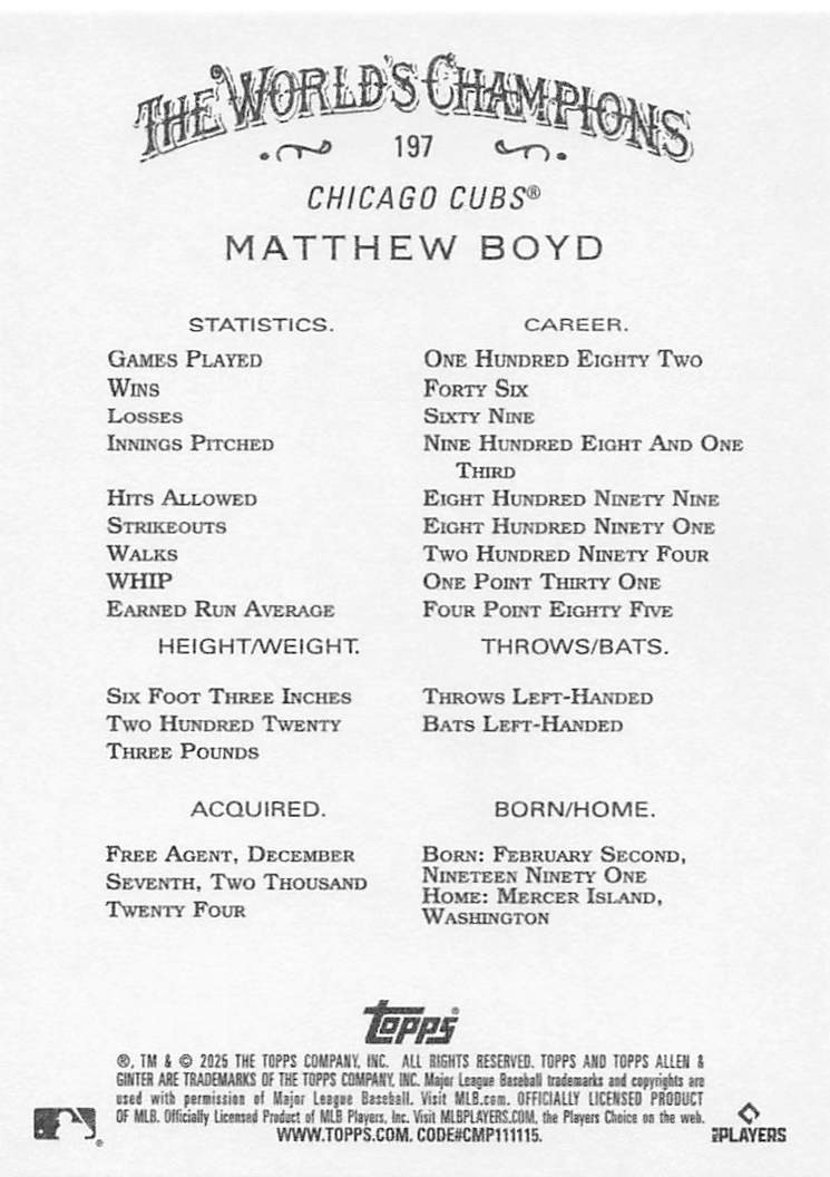 2025 Topps Allen & Ginter Baseball Matthew Boyd #197