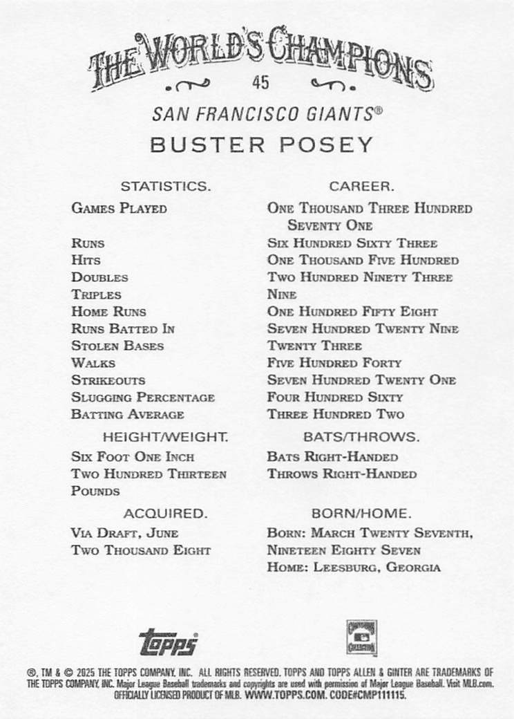 2025 Topps Allen & Ginter Baseball Buster Posey #45