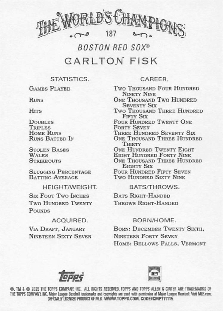 2025 Topps Allen & Ginter Baseball Carlton Fisk #187
