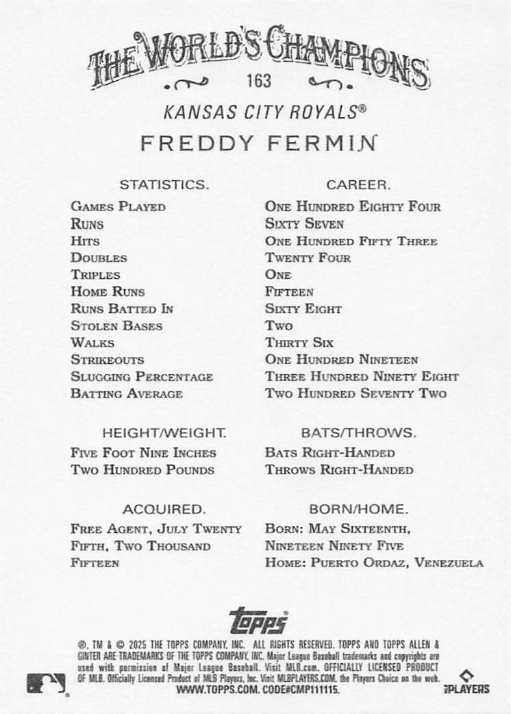 2025 Topps Allen & Ginter Baseball Freddy Fermin #163