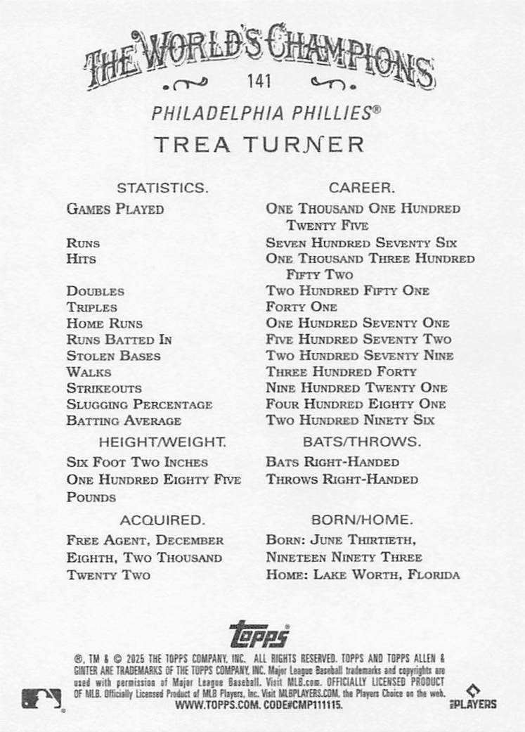 2025 Topps Allen & Ginter Baseball Trea Turner #141