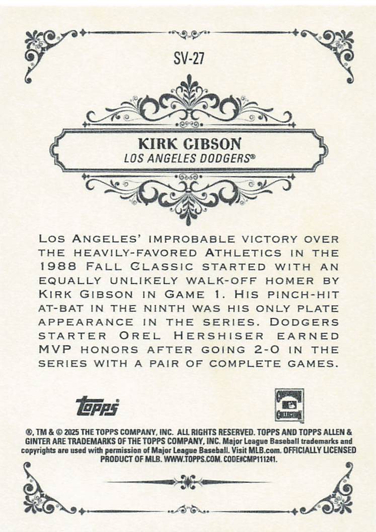 2025 Topps Allen & Ginter Baseball Sweet Victory Kirk Gibson #SV-27