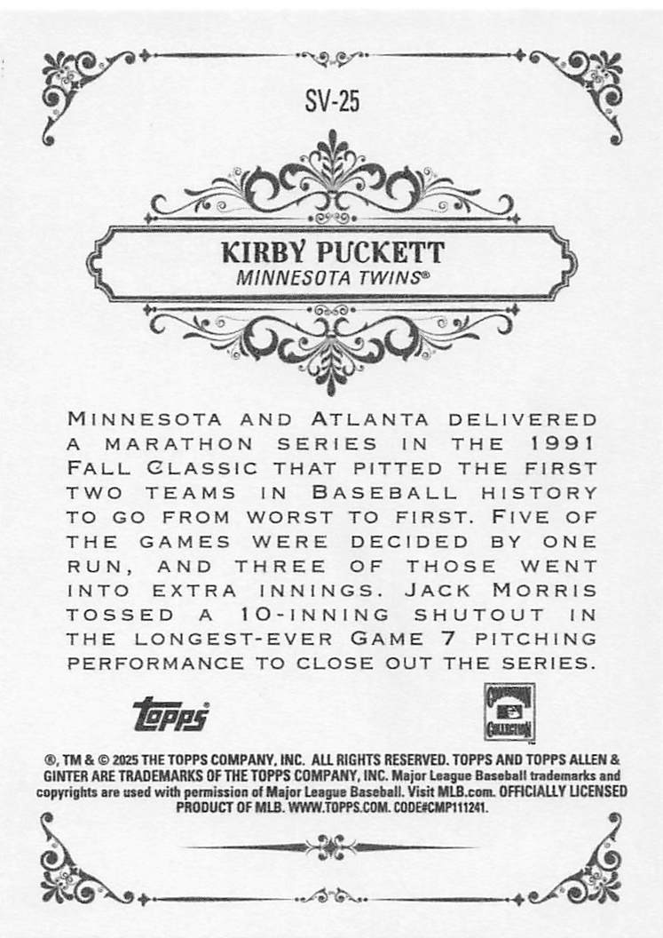 2025 Topps Allen & Ginter Baseball Sweet Victory Kirby Puckett #SV-25