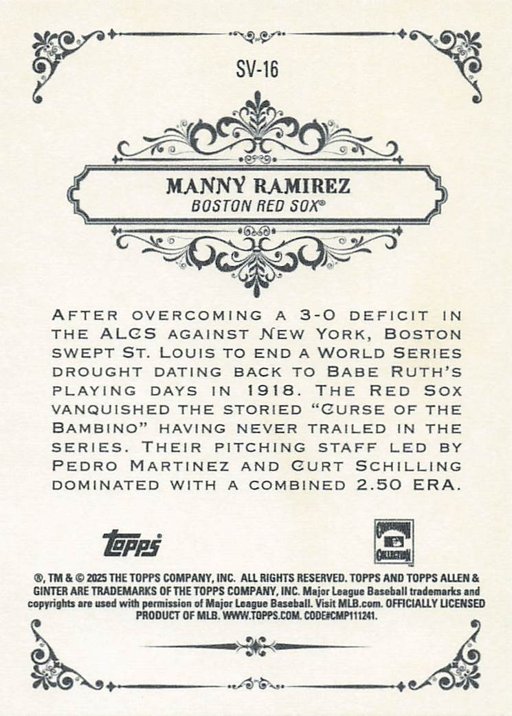 2025 Topps Allen & Ginter Baseball Sweet Victory Manny Ramirez #SV-16