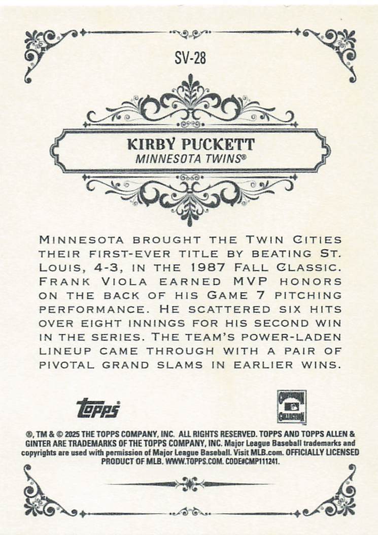 2025 Topps Allen & Ginter Baseball Sweet Victory Kirby Puckett #SV-28