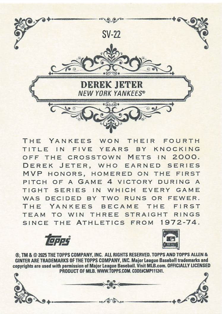 2025 Topps Allen & Ginter Baseball Sweet Victory Derek Jeter #SV-22