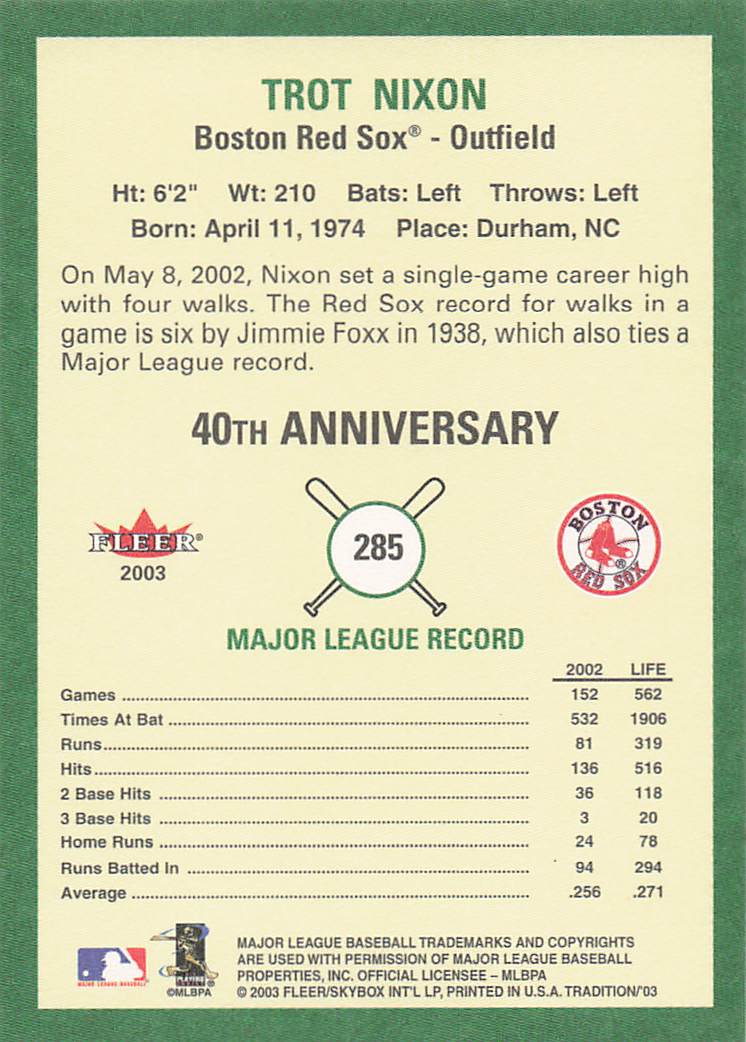 2003 Fleer Tradition Baseball Trot Nixon #285