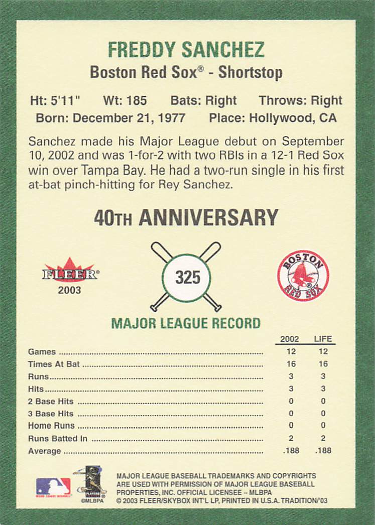 2003 Fleer Tradition Baseball Freddy Sanchez #325