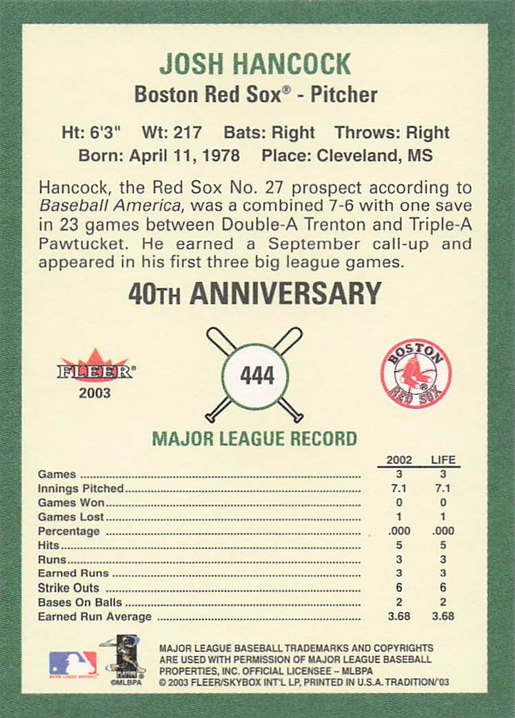 2003 Fleer Tradition Baseball Josh Hancock #444
