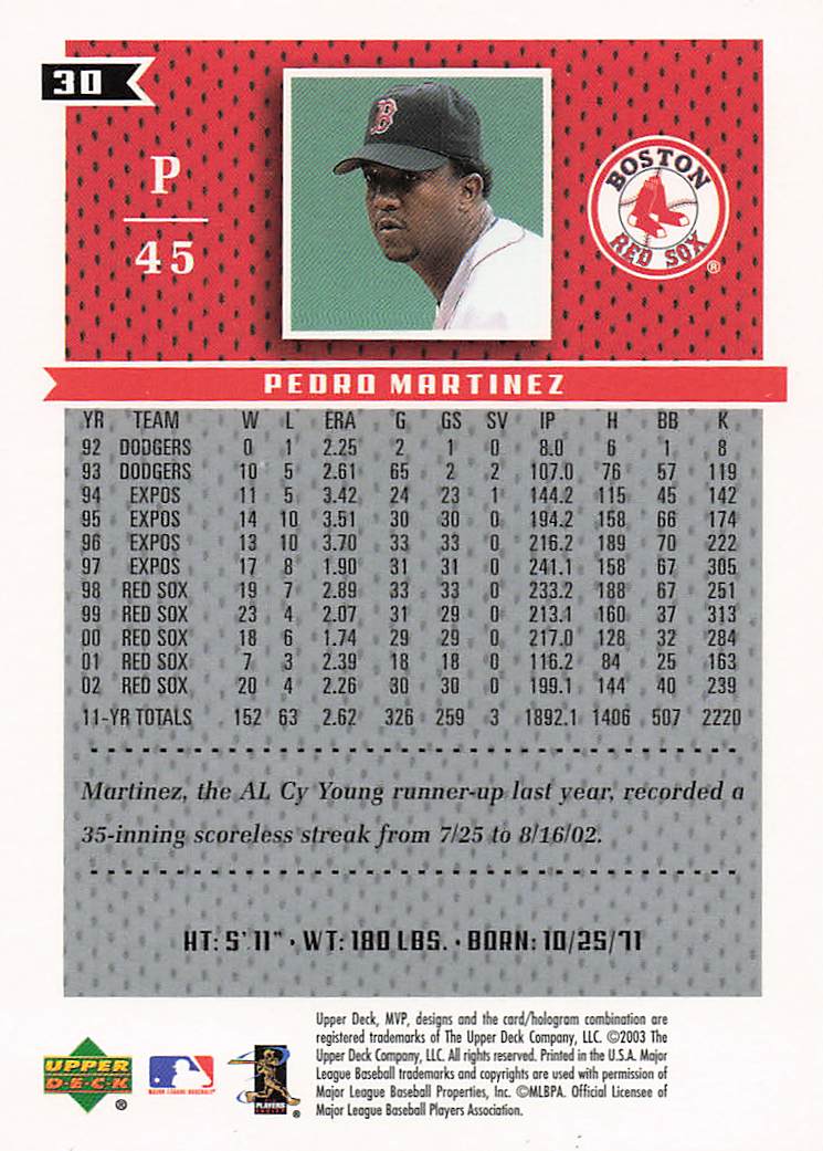 2003 Upper Deck MVP Baseball Pedro Martinez #30