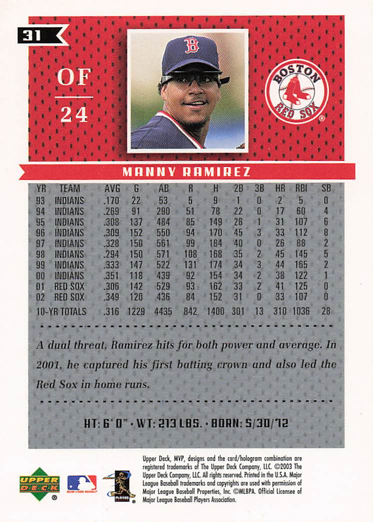2003 Upper Deck MVP Baseball Manny Ramirez #31