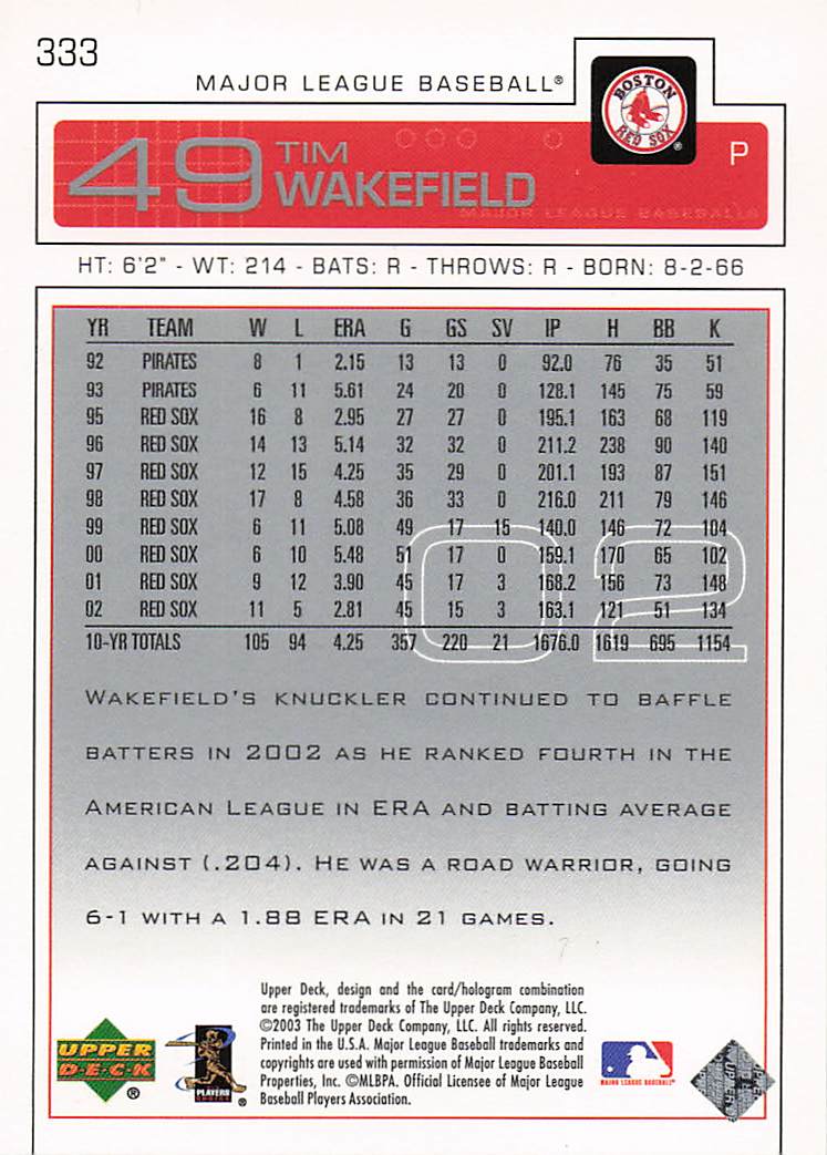 2003 Upper Deck Baseball Tim Wakefield #333