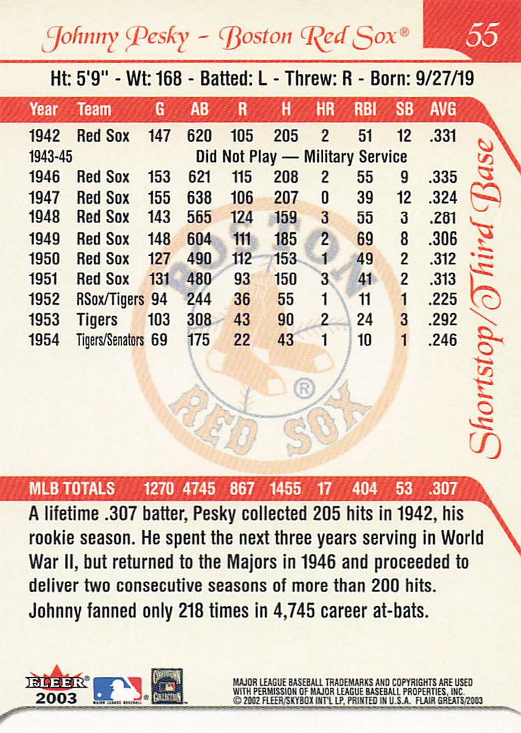 2003 Flair Greats Baseball Johnny Pesky #55