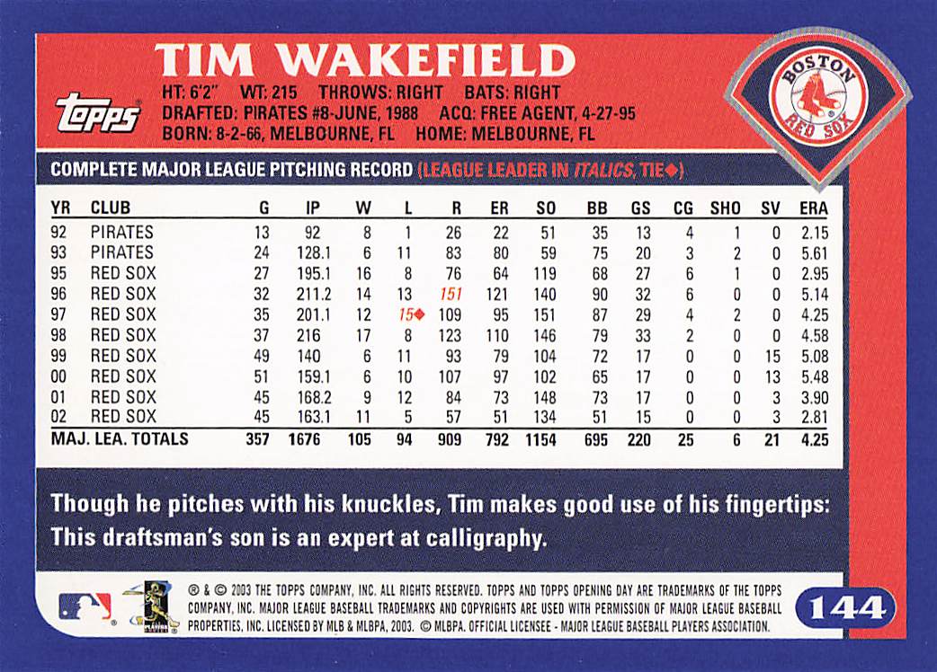 2003 Topps Opening Day Baseball Tim Wakefield #144