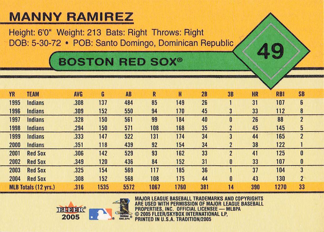 2005 Fleer Tradition Baseball Manny Ramirez #49