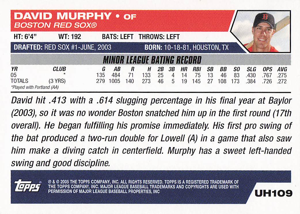 2005 Topps Updates & Highlights Baseball David Murphy #UH109