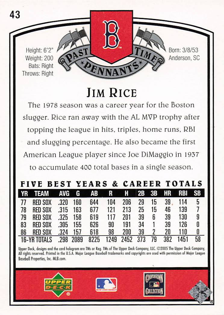2005 UD Past Time Pennants Baseball Jim Rice #43