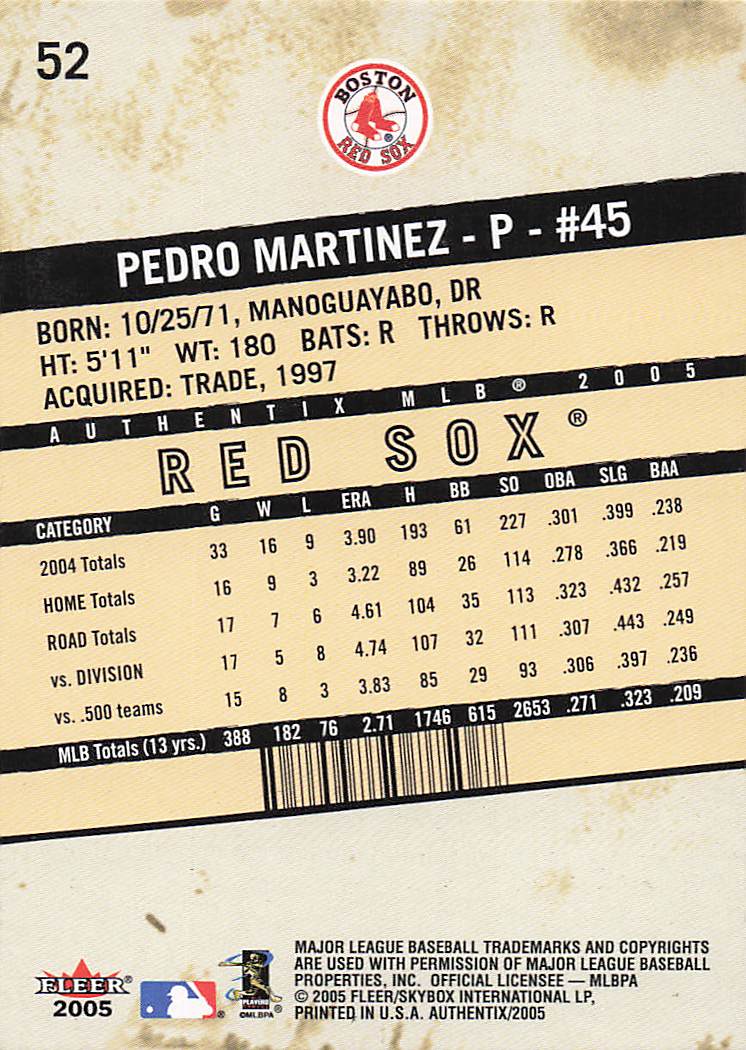 2005 Fleer Authentix Baseball Pedro Martinez #52