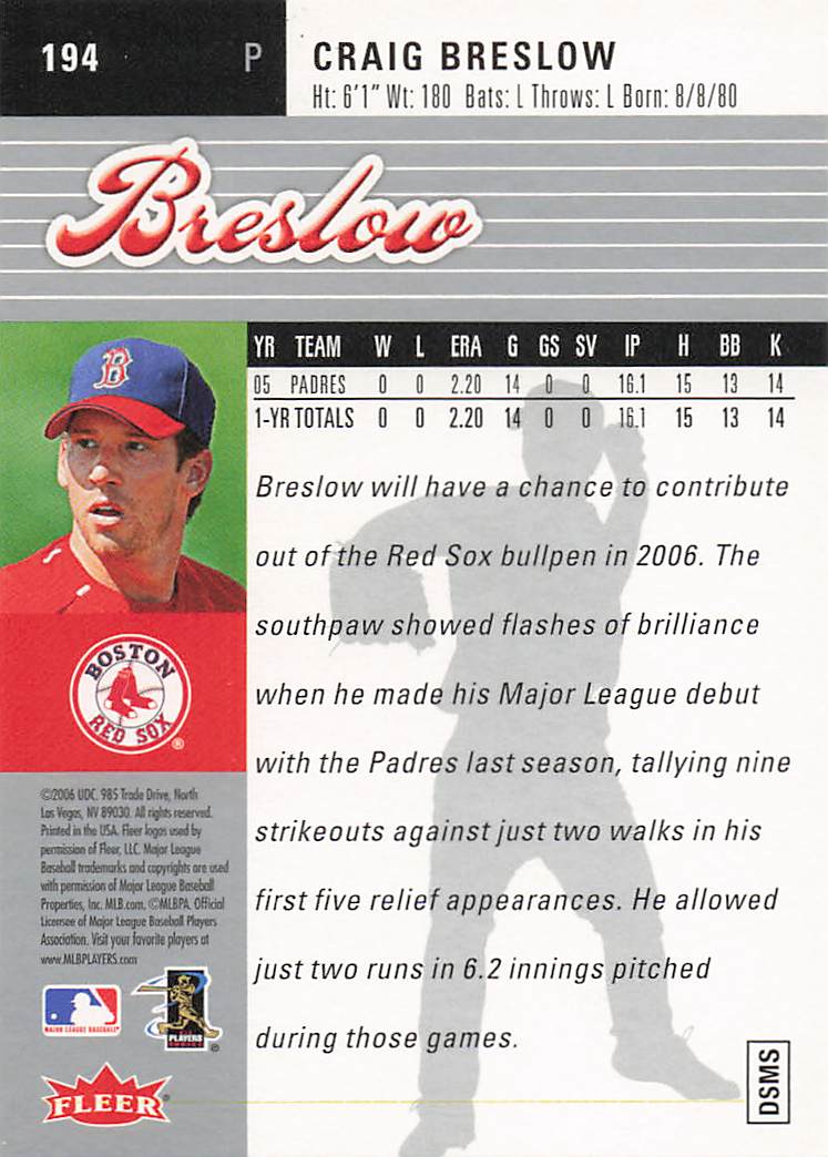 2006 Ultra Baseball Craig Breslow #194 Rookie