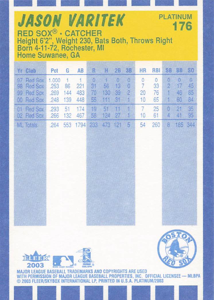 2003 Fleer Platinum Baseball Jason Varitek #176