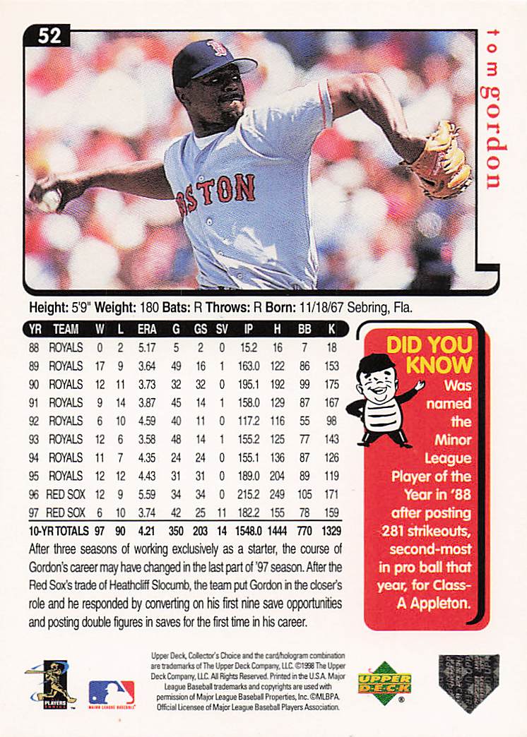 1998 Collector's Choice Baseball Tom Gordon #52b