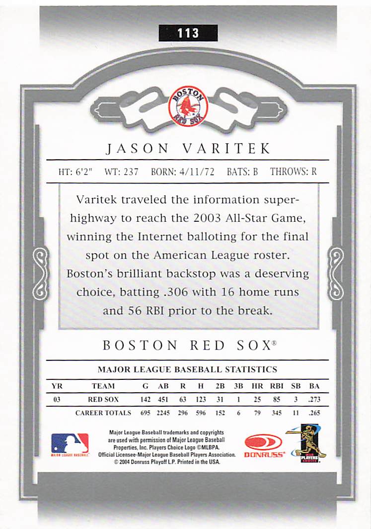 2004 Donruss Classics Baseball Jason Varitek #113