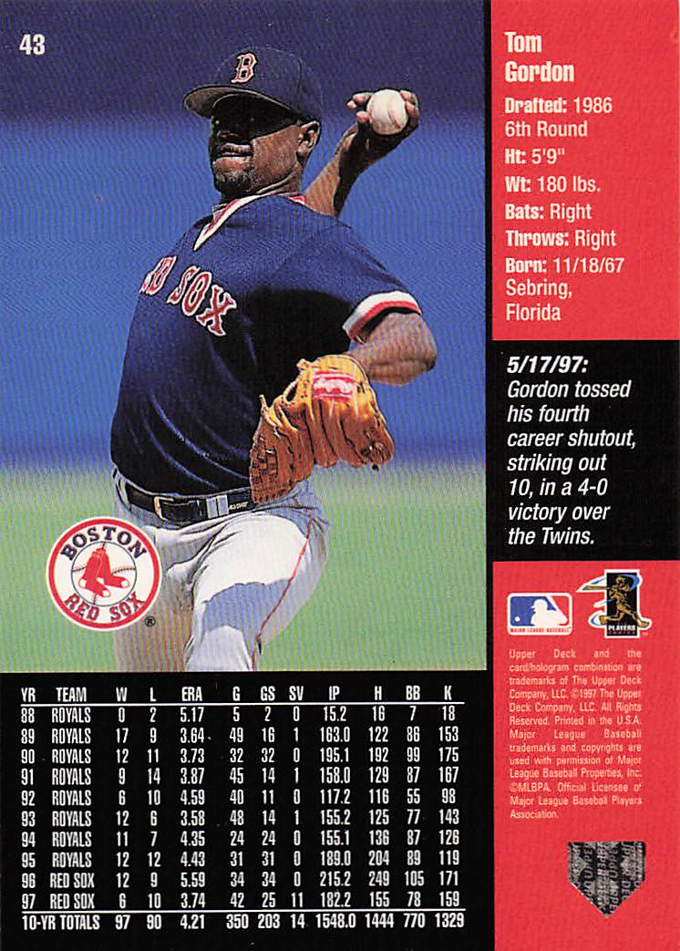 1998 Upper Deck Baseball Tom Gordon #43