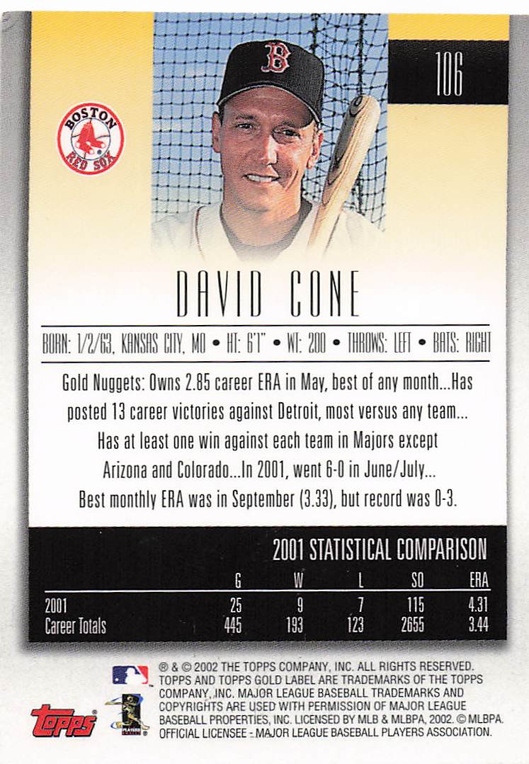 2002 Topps Gold Label Baseball David Cone #106