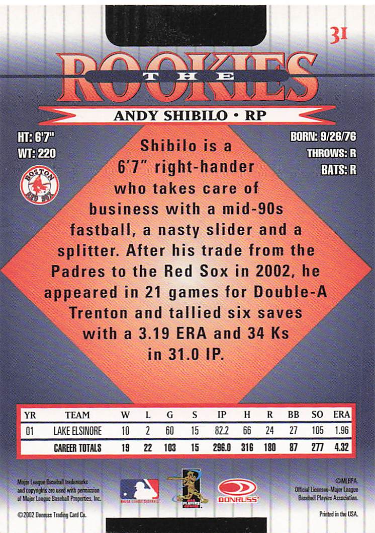 2002 Donruss The Rookies Baseball Andy Shibilo #31 Rookie