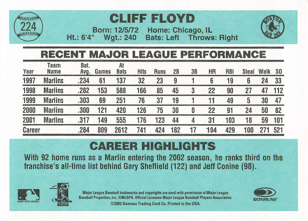 2002 Donruss Originals Baseball Cliff Floyd #224