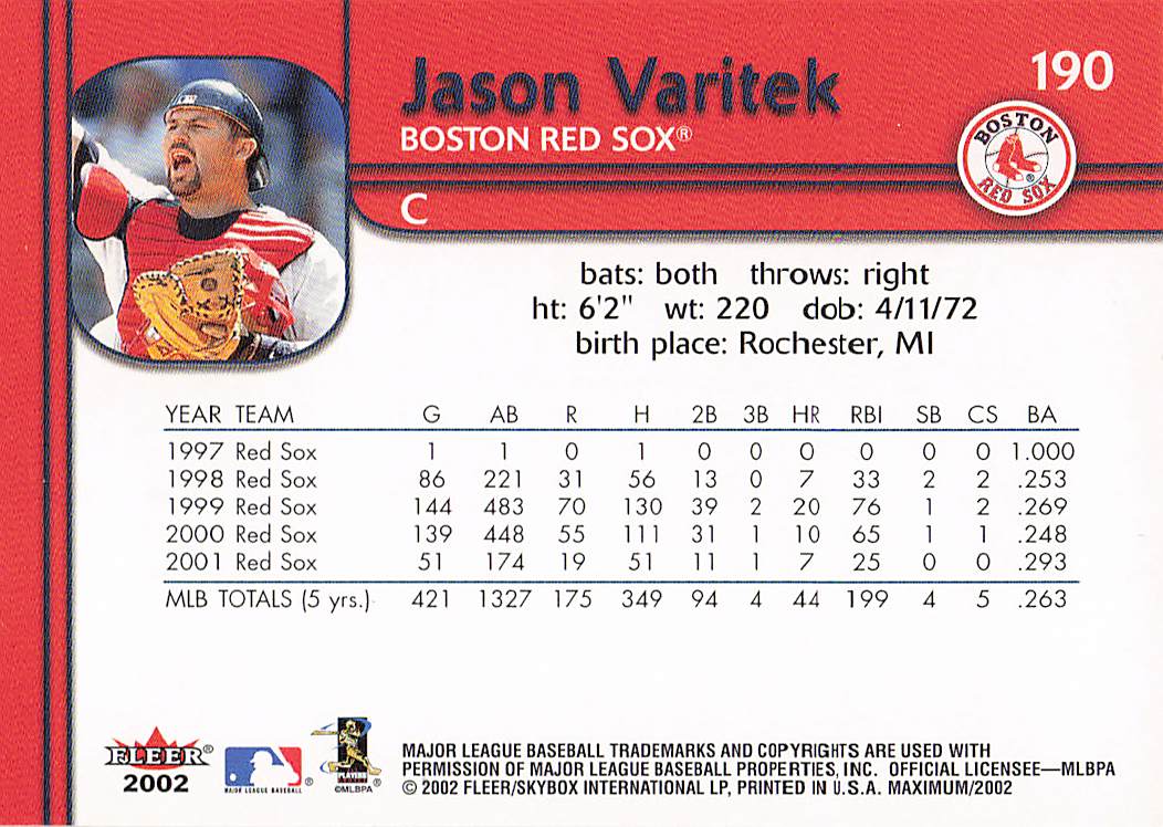 2002 Fleer Maximum Baseball Jason Varitek #190