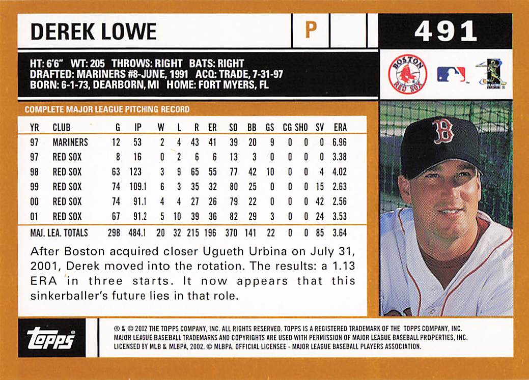 2002 Topps Baseball Derek Lowe #491