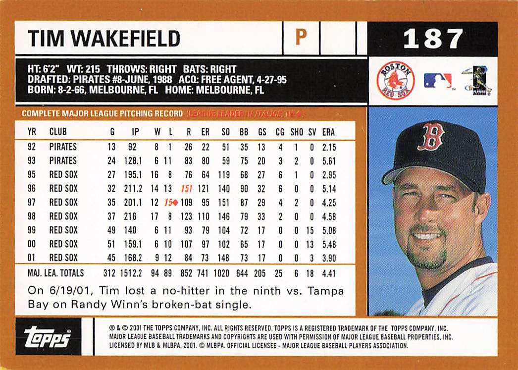 2002 Topps Baseball Tim Wakefield #187
