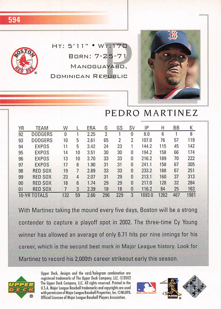2002 Upper Deck Baseball Pedro Martinez #594