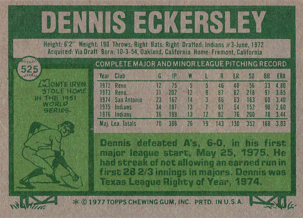 1977 Topps Baseball Dennis Eckersley #525