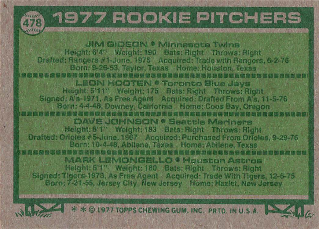 1977 Topps Jim Gideon / Leon Hooten / Dave Johnson / Mark Lemongello #478 Rookie